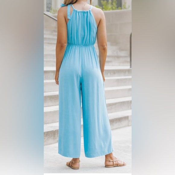 Turquoise Halter Linen Jumpsuit - Picture 3 of 6